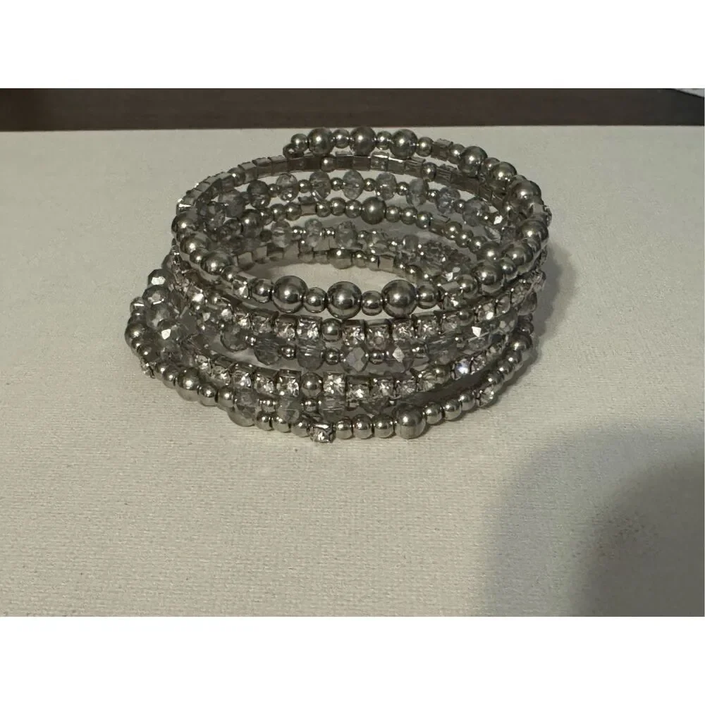 Vintage Y2K Womens Chunky Silver Beaded Rhinestone Slinky Wrap Bracelet Glam 90s